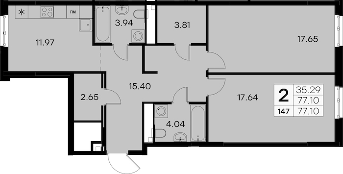 2-комнатная квартира 77.1 м², 2/7 эт., ЖК «Glorax City Балтийская»